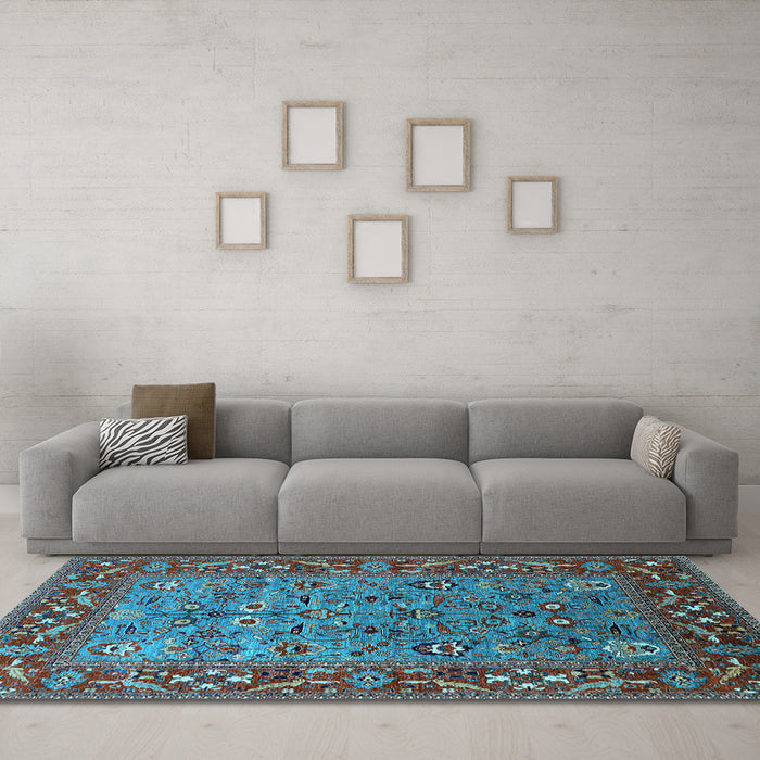 Machine Washable Oriental Light Blue Industrial Rug in a Living Room, wshurb2380lblu