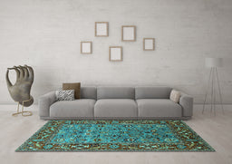 Machine Washable Oriental Turquoise Industrial Area Rugs in a Living Room,, wshurb2380turq