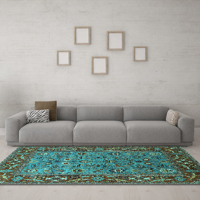 Machine Washable Oriental Turquoise Industrial Area Rugs in a Living Room,, wshurb2380turq