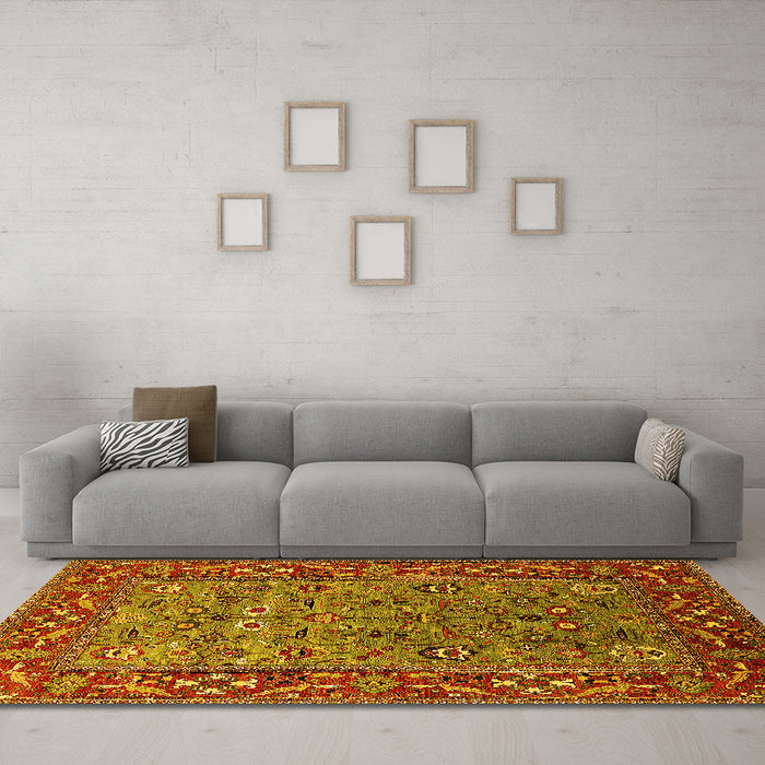 Machine Washable Oriental Yellow Industrial Rug in a Living Room, wshurb2380yw
