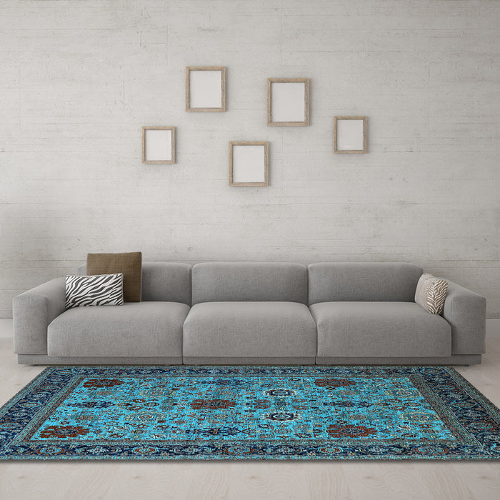 Machine Washable Oriental Light Blue Industrial Rug in a Living Room, wshurb2381lblu