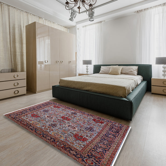 Mid-Century Modern Pink Oriental Rug in a Bedroom, urb2381