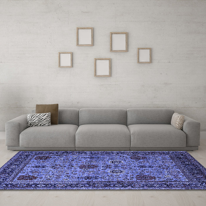 Machine Washable Oriental Blue Industrial Rug in a Living Room, wshurb2381blu