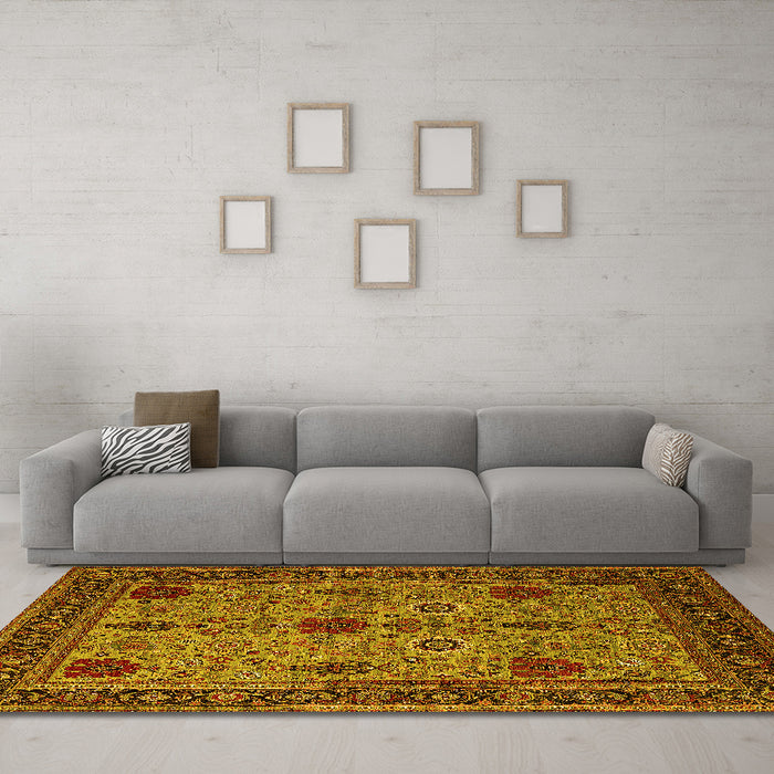 Machine Washable Oriental Yellow Industrial Rug in a Living Room, wshurb2381yw