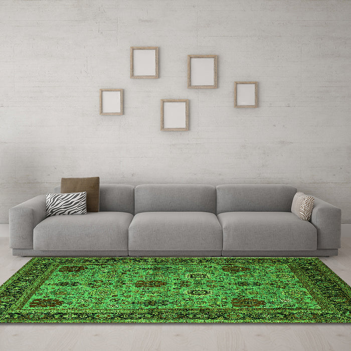 Machine Washable Oriental Green Industrial Area Rugs in a Living Room,, wshurb2381grn