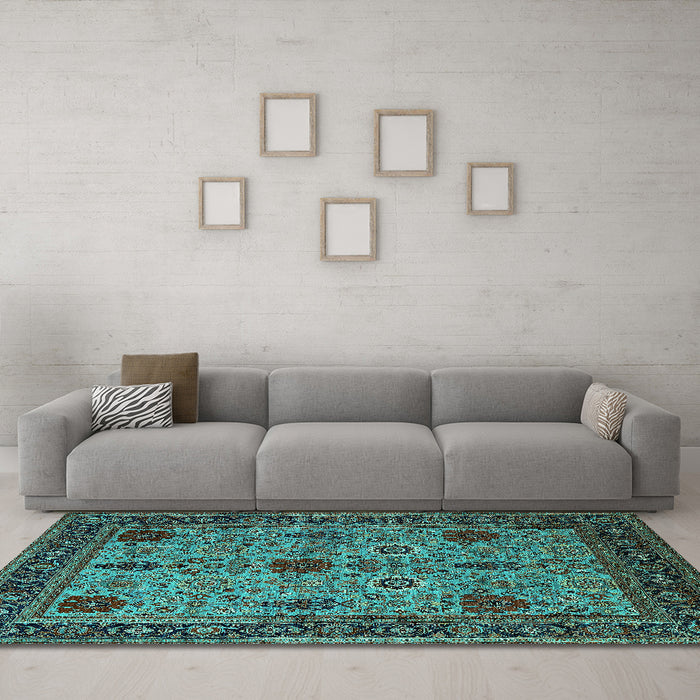 Machine Washable Oriental Turquoise Industrial Area Rugs in a Living Room,, wshurb2381turq