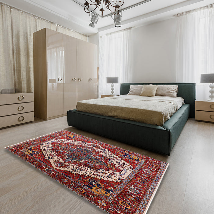 Mid-Century Modern Cranberry Red Oriental Rug in a Bedroom, urb2382
