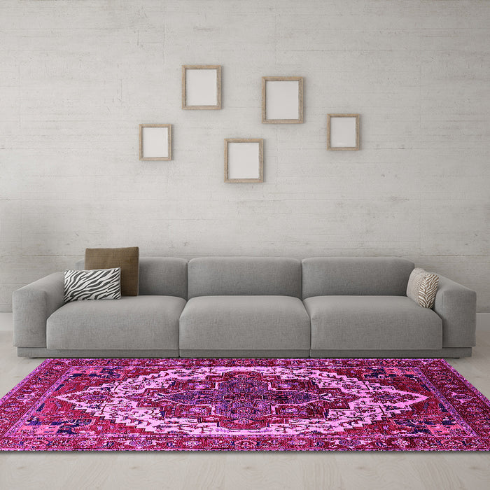 Machine Washable Oriental Pink Industrial Rug in a Living Room, wshurb2382pnk