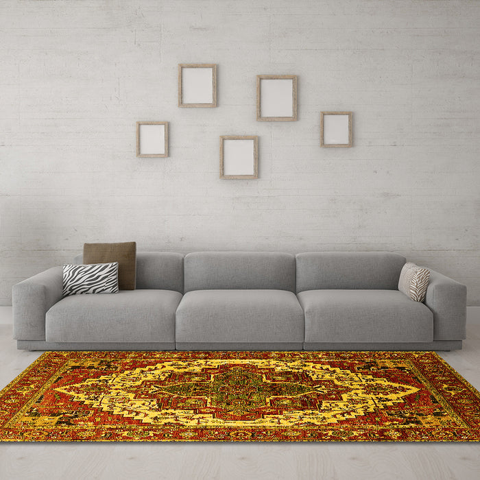 Machine Washable Oriental Yellow Industrial Rug in a Living Room, wshurb2382yw