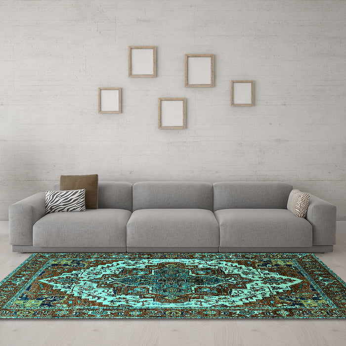 Machine Washable Oriental Turquoise Industrial Area Rugs in a Living Room,, wshurb2382turq