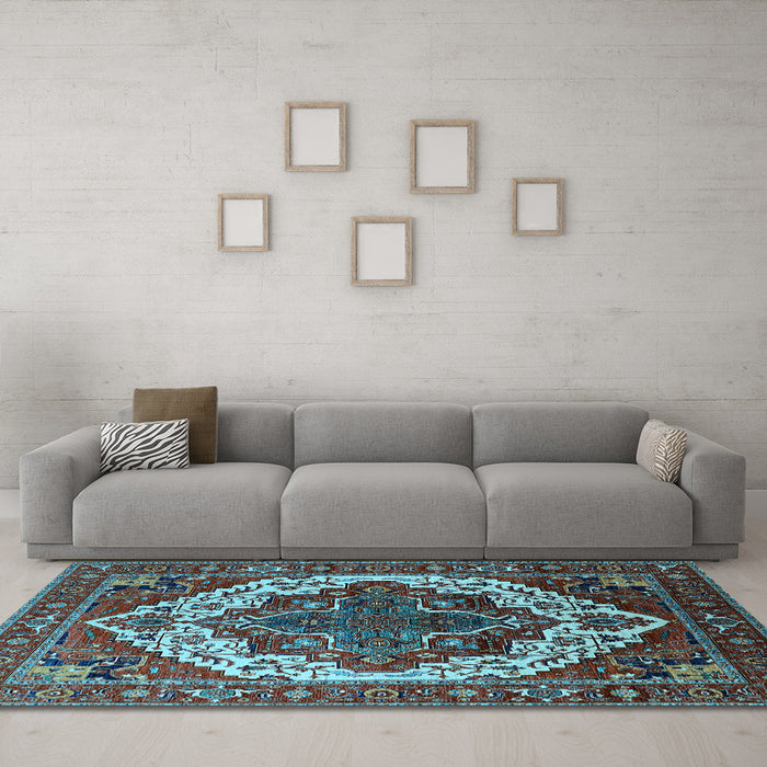 Machine Washable Oriental Light Blue Industrial Rug in a Living Room, wshurb2382lblu