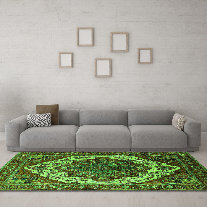 Machine Washable Oriental Green Industrial Area Rugs in a Living Room,, wshurb2382grn
