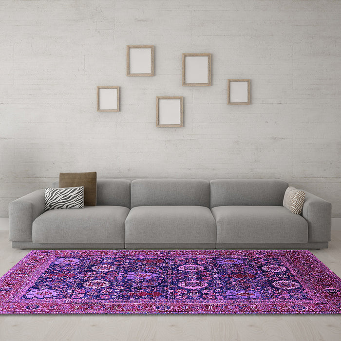 Machine Washable Oriental Purple Industrial Area Rugs in a Living Room, wshurb2383pur