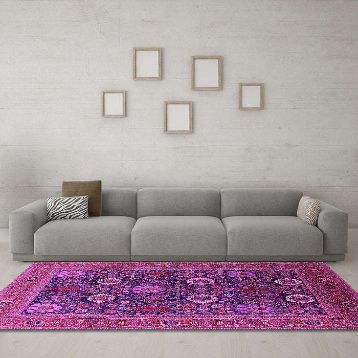 Machine Washable Oriental Pink Industrial Rug in a Living Room, wshurb2383pnk