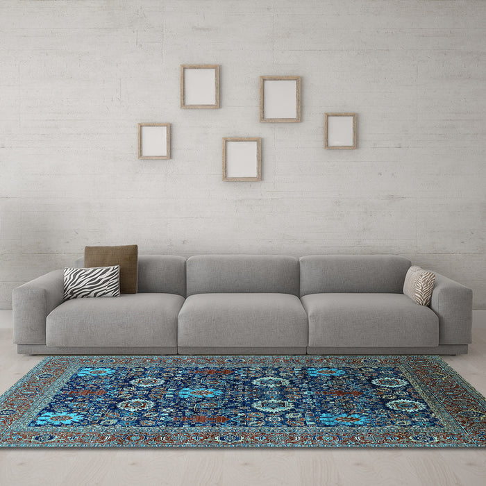 Machine Washable Oriental Light Blue Industrial Rug in a Living Room, wshurb2383lblu