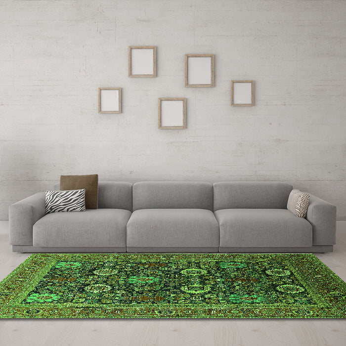 Machine Washable Oriental Green Industrial Area Rugs in a Living Room,, wshurb2383grn