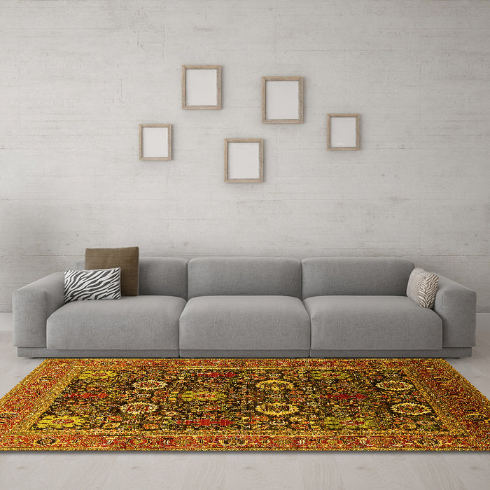 Machine Washable Oriental Yellow Industrial Rug in a Living Room, wshurb2383yw