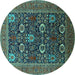 Round Machine Washable Oriental Turquoise Industrial Area Rugs, wshurb2383turq