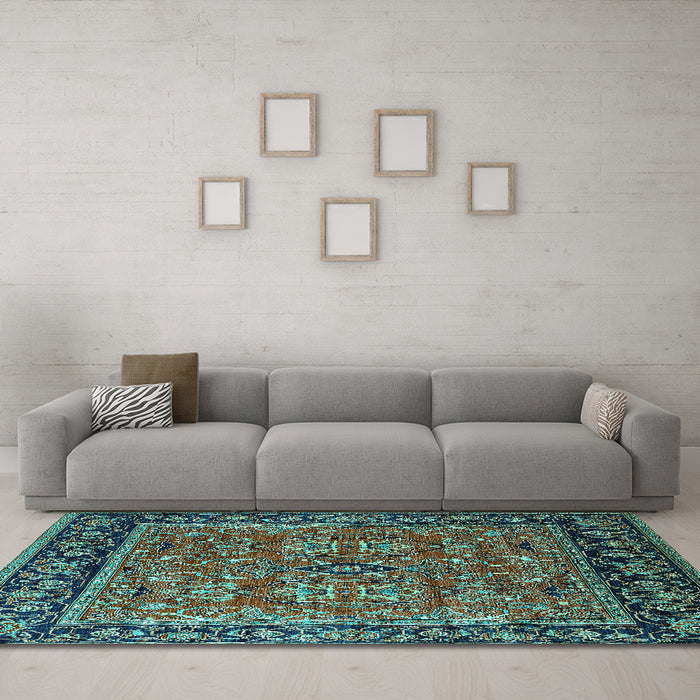 Machine Washable Oriental Turquoise Industrial Area Rugs in a Living Room,, wshurb2384turq