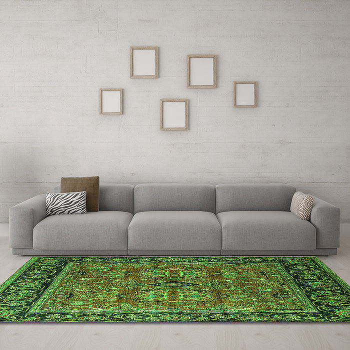 Machine Washable Oriental Green Industrial Area Rugs in a Living Room,, wshurb2384grn