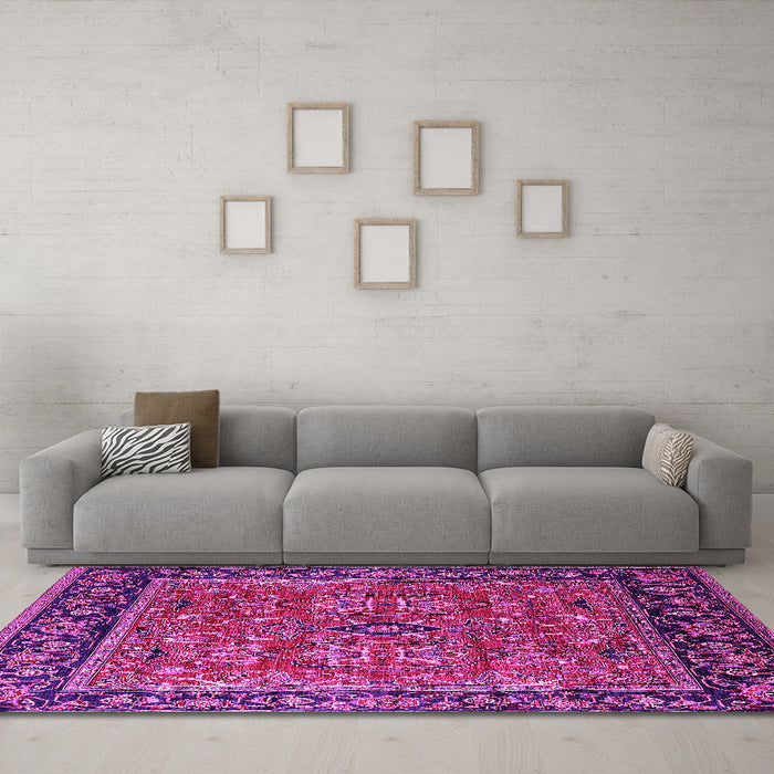 Machine Washable Oriental Pink Industrial Rug in a Living Room, wshurb2384pnk
