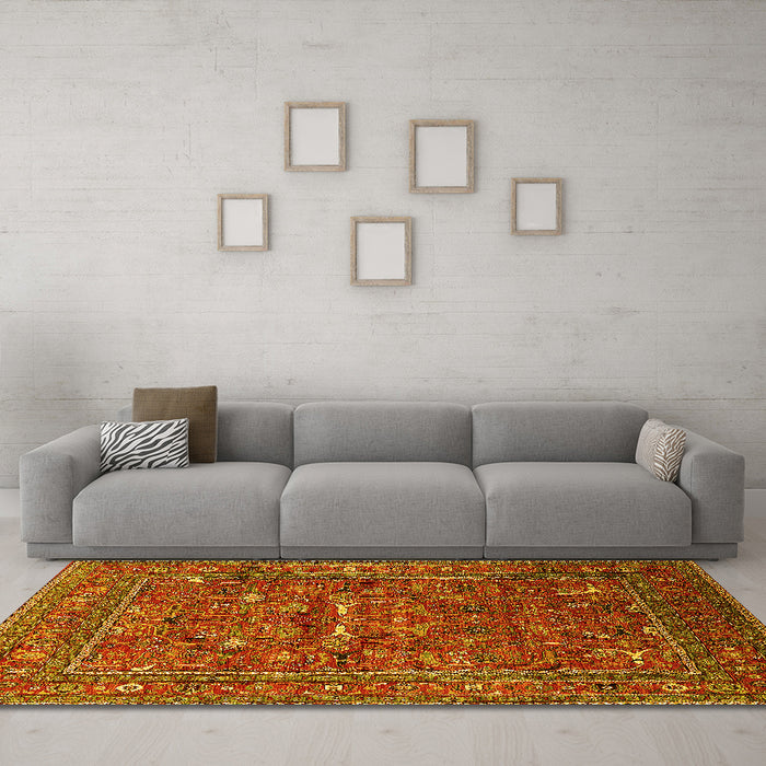Machine Washable Oriental Yellow Industrial Rug in a Living Room, wshurb2385yw
