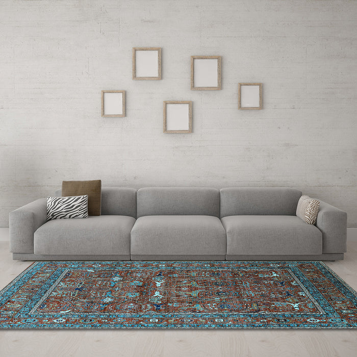 Machine Washable Oriental Light Blue Industrial Rug in a Living Room, wshurb2385lblu