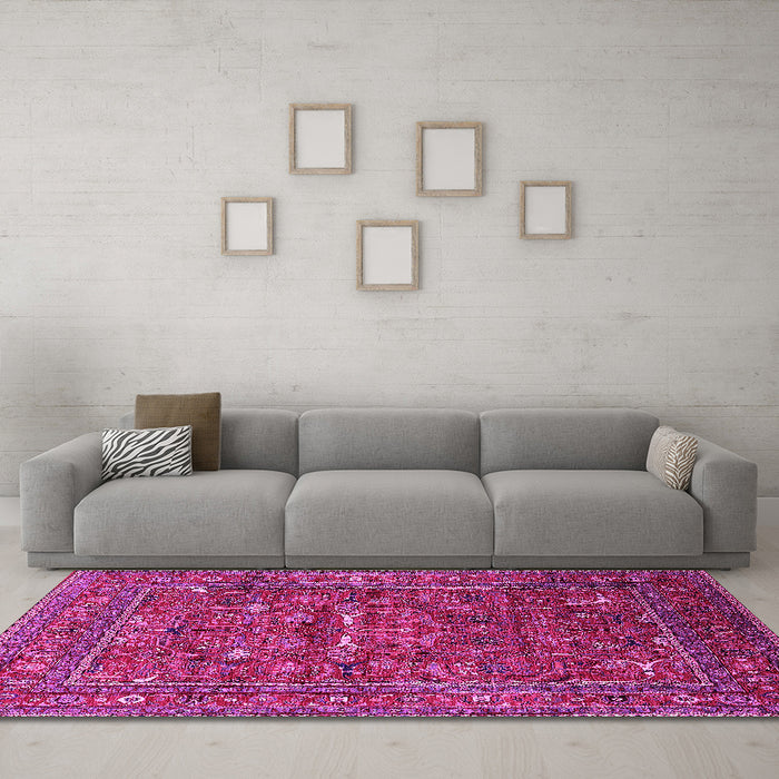 Machine Washable Oriental Pink Industrial Rug in a Living Room, wshurb2385pnk