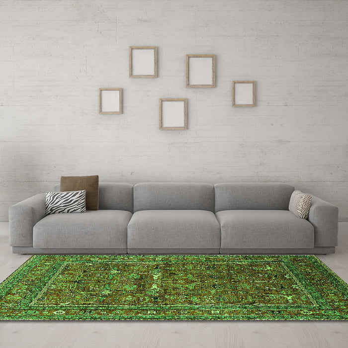 Machine Washable Oriental Green Industrial Area Rugs in a Living Room,, wshurb2385grn