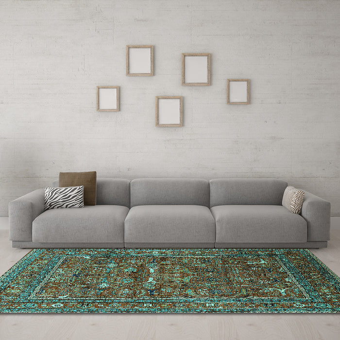 Machine Washable Oriental Turquoise Industrial Area Rugs in a Living Room,, wshurb2385turq
