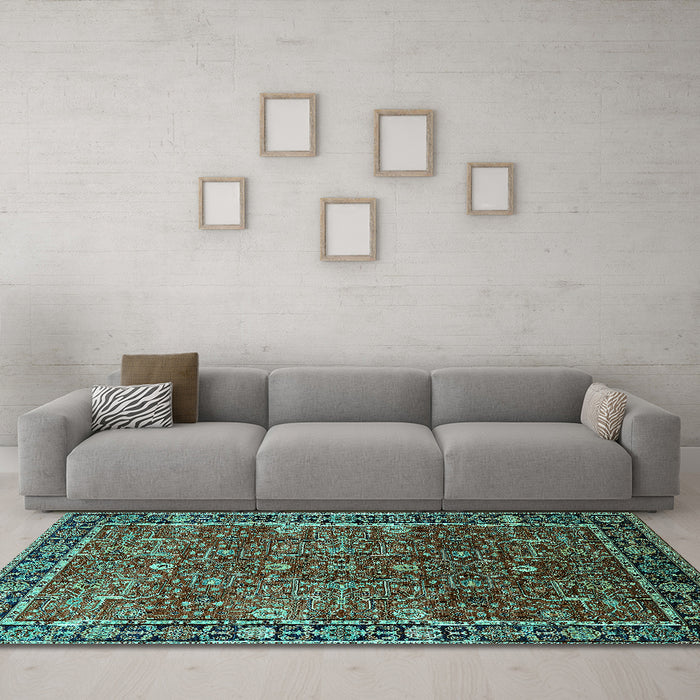 Machine Washable Oriental Turquoise Industrial Area Rugs in a Living Room,, wshurb2386turq
