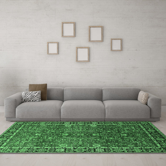 Machine Washable Oriental Emerald Green Industrial Area Rugs in a Living Room,, wshurb2386emgrn