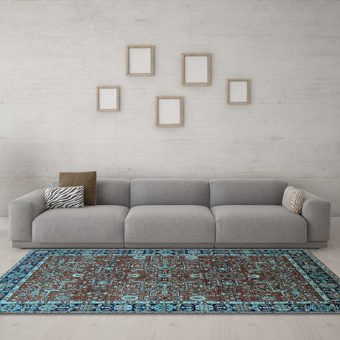 Machine Washable Oriental Light Blue Industrial Rug in a Living Room, wshurb2386lblu