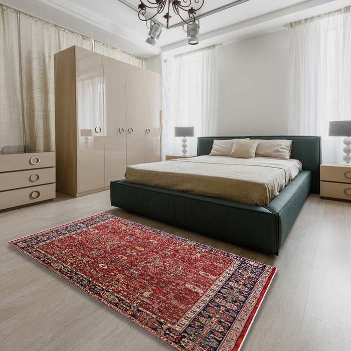 Mid-Century Modern Light Copper Gold Oriental Rug in a Bedroom, urb2386