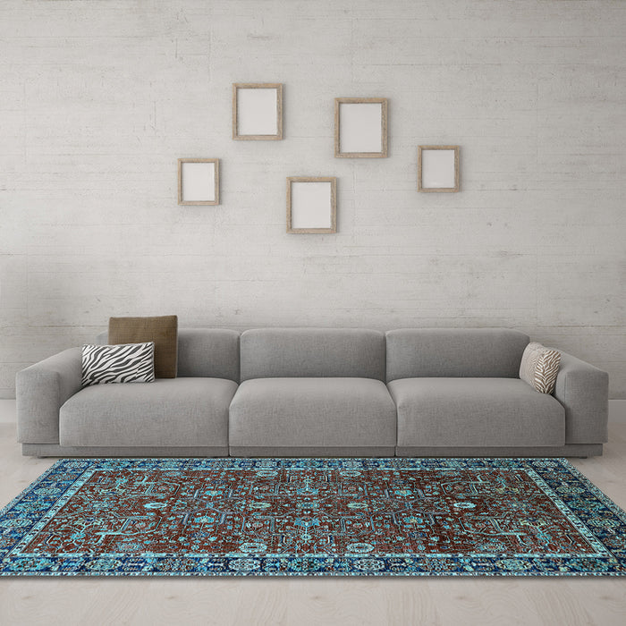 Machine Washable Oriental Light Blue Industrial Rug in a Living Room, wshurb2387lblu