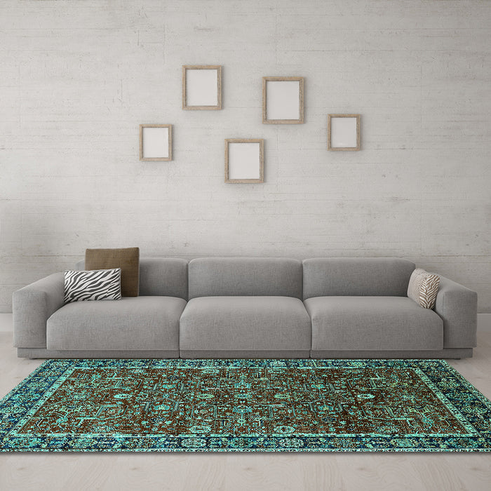 Machine Washable Oriental Turquoise Industrial Area Rugs in a Living Room,, wshurb2387turq