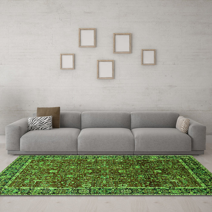 Machine Washable Oriental Green Industrial Area Rugs in a Living Room,, wshurb2387grn