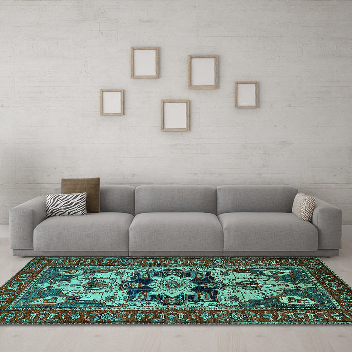 Machine Washable Oriental Turquoise Industrial Area Rugs in a Living Room,, wshurb2388turq