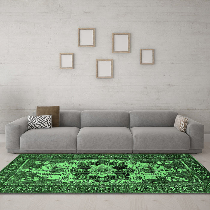 Machine Washable Oriental Emerald Green Industrial Area Rugs in a Living Room,, wshurb2388emgrn