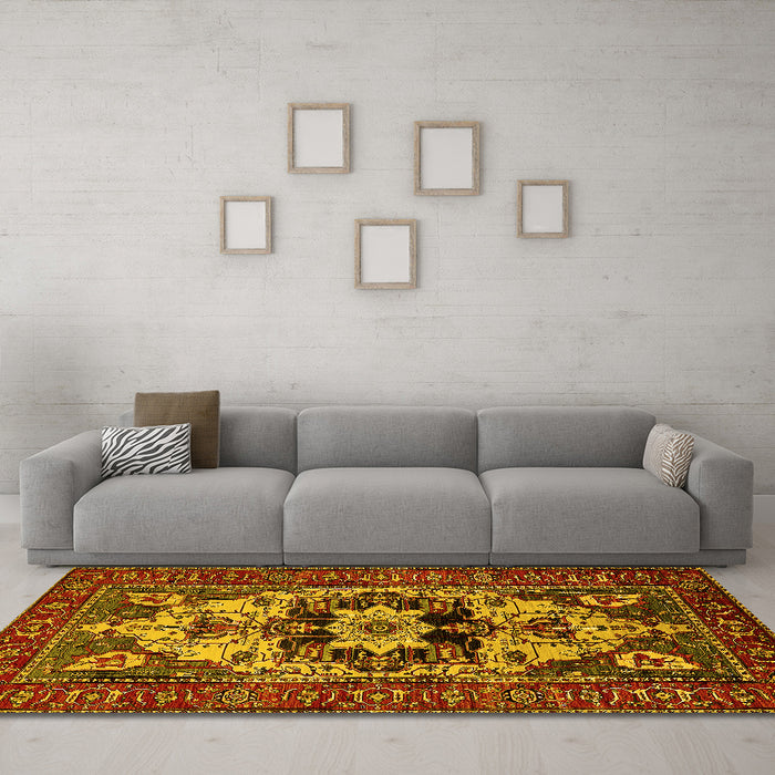 Machine Washable Oriental Yellow Industrial Rug in a Living Room, wshurb2388yw