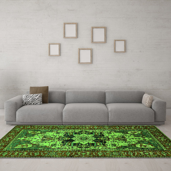 Machine Washable Oriental Green Industrial Area Rugs in a Living Room,, wshurb2388grn
