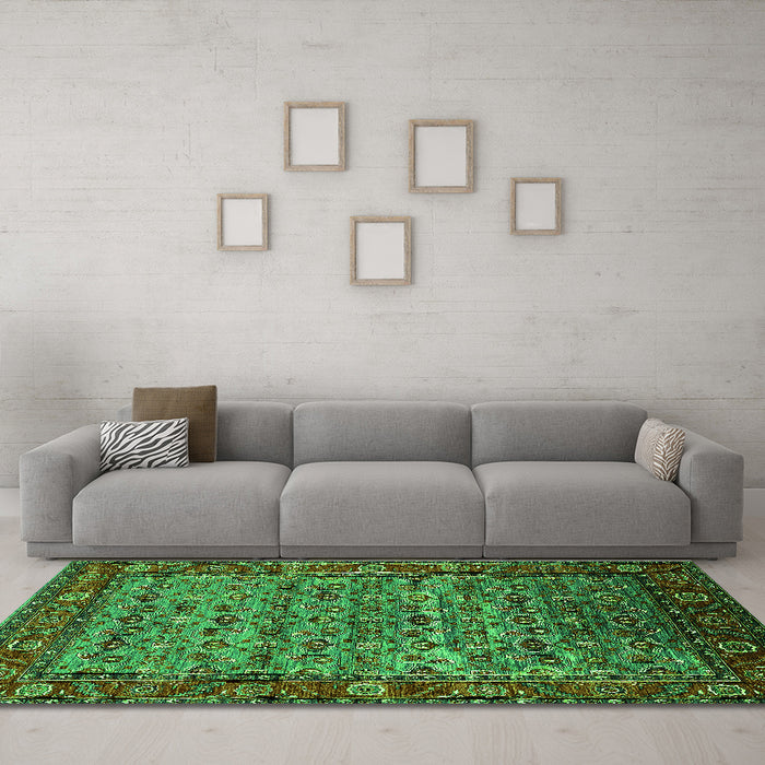 Machine Washable Oriental Green Industrial Area Rugs in a Living Room,, wshurb2389grn