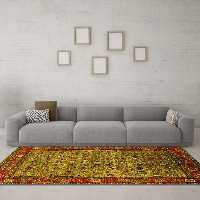 Machine Washable Oriental Yellow Industrial Rug in a Living Room, wshurb2389yw