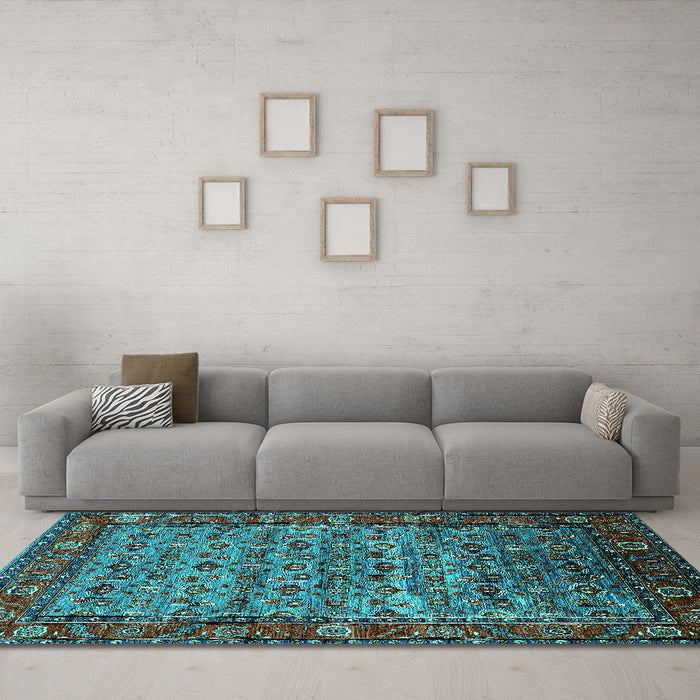 Machine Washable Oriental Turquoise Industrial Area Rugs in a Living Room,, wshurb2389turq