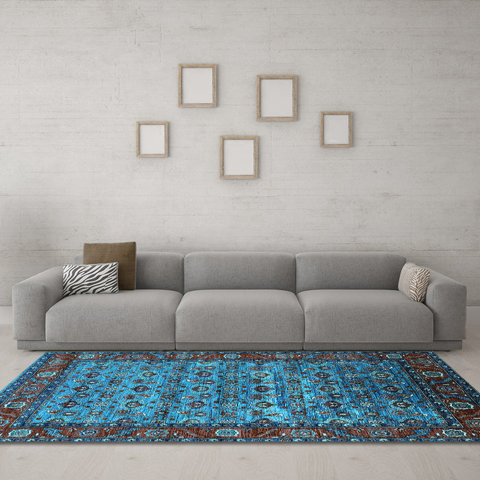 Machine Washable Oriental Light Blue Industrial Rug in a Living Room, wshurb2389lblu