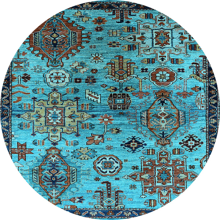 Round Machine Washable Oriental Light Blue Industrial Rug, wshurb2390lblu