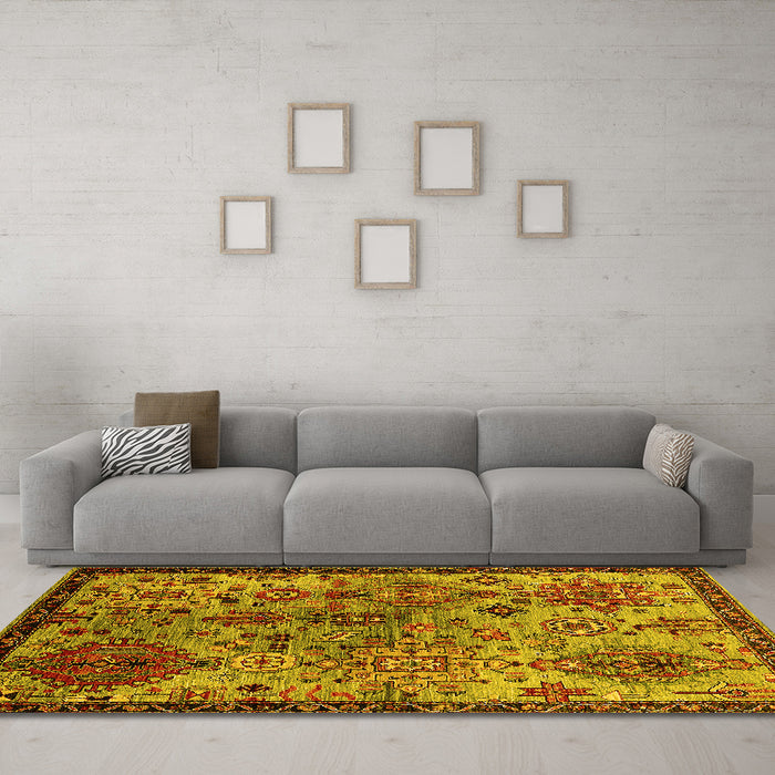 Machine Washable Oriental Yellow Industrial Rug in a Living Room, wshurb2390yw