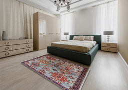Mid-Century Modern Dark Gray Oriental Rug in a Bedroom, urb2390