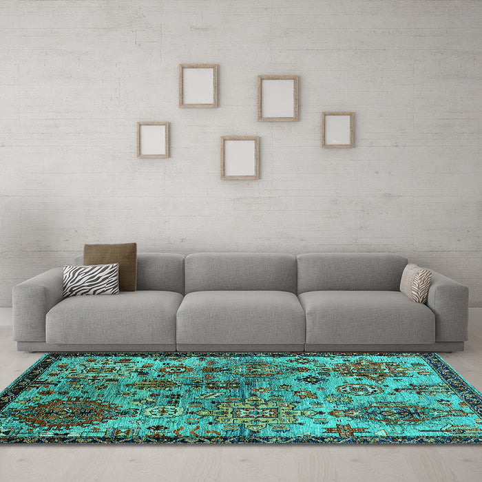 Machine Washable Oriental Turquoise Industrial Area Rugs in a Living Room,, wshurb2390turq