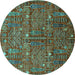 Round Machine Washable Oriental Turquoise Industrial Area Rugs, wshurb2391turq